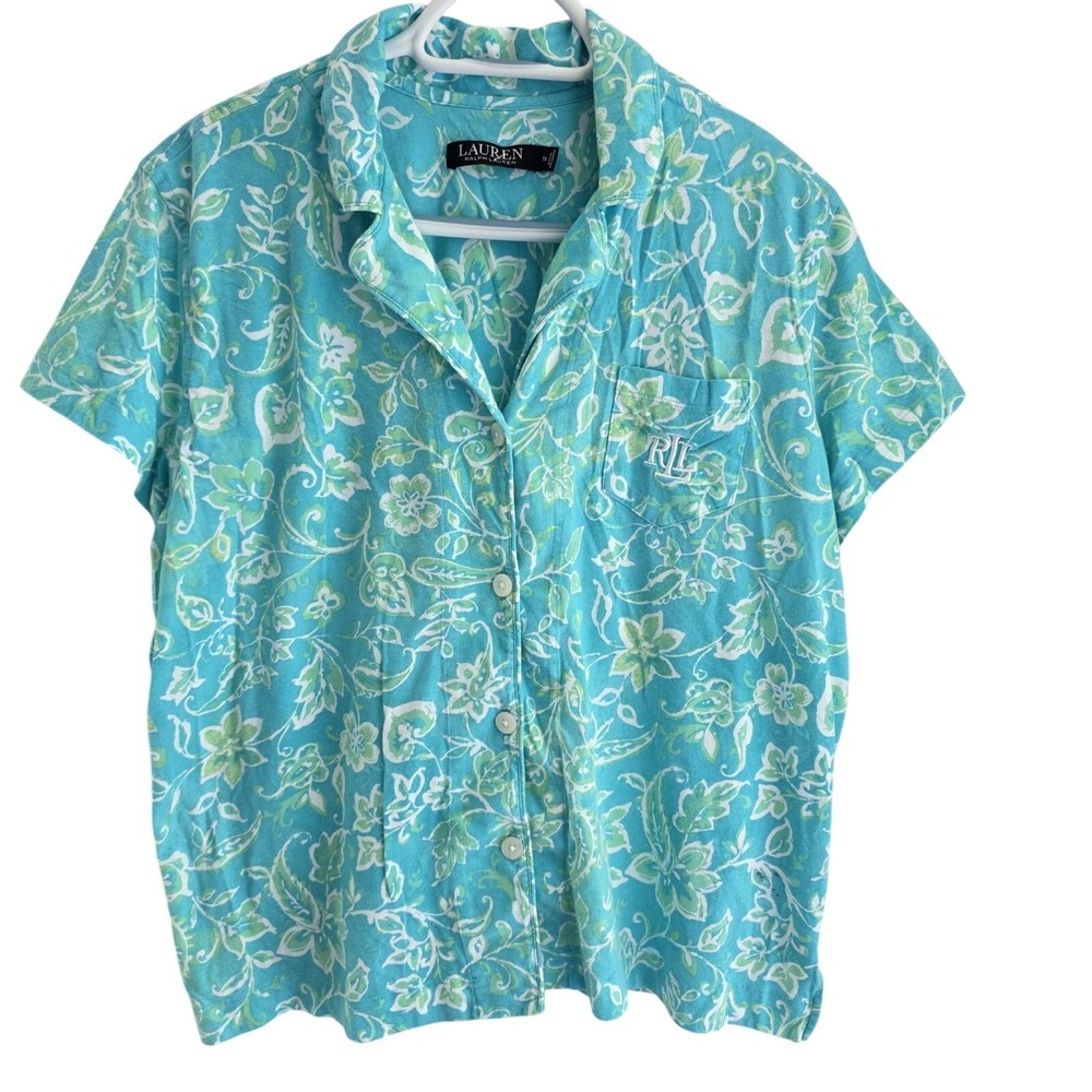 Lauren Ralph Lauren Womens 1X Floral Pajama Top Button Sleep Shirt Blue Cotton